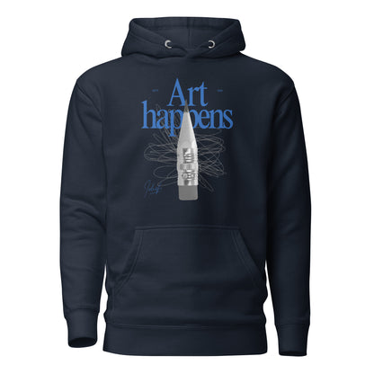 Navy Blazer hoodie, front view with blue "Art Happens" lettering, a pencil and scribbled lines.