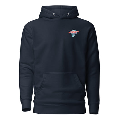 Navy Blazer hoodie with a small blue skull graphic with red bar, front view.