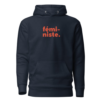 Navy Blazer hoodie, front view, with red stacked 'fémi-niste.' lettering.