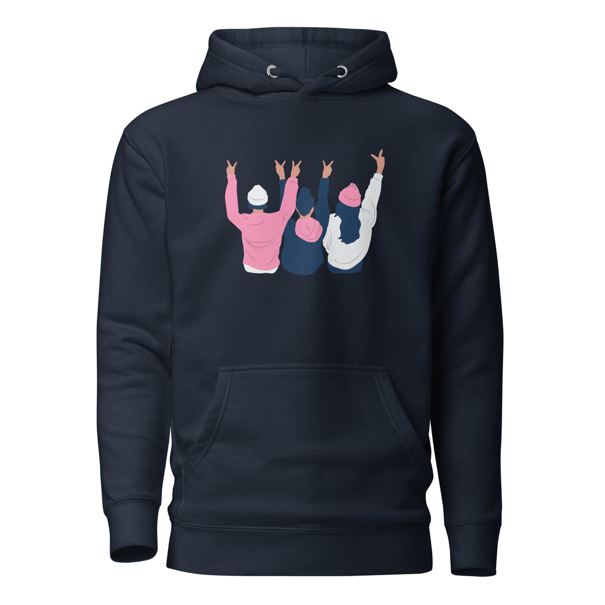 Navy Blazer hoodie, front view with an illustration of three figures raising peace signs.