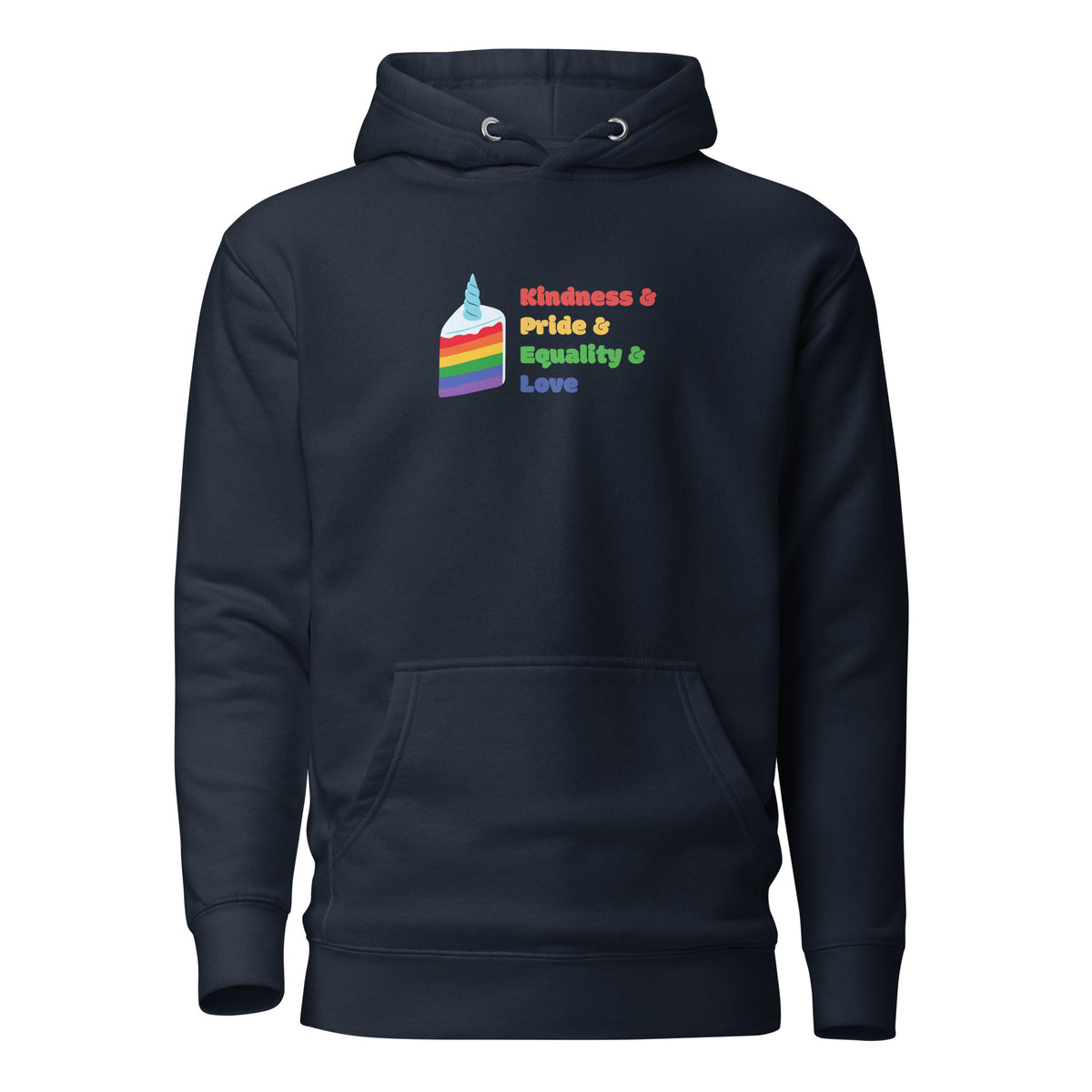 Navy Blazer hoodie, front view with a rainbow graphic and colorful "Kindness & Pride & Equality & Love" lettering.