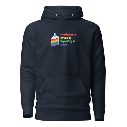 Navy Blazer hoodie, front view with a rainbow graphic and colorful "Kindness & Pride & Equality & Love" lettering.