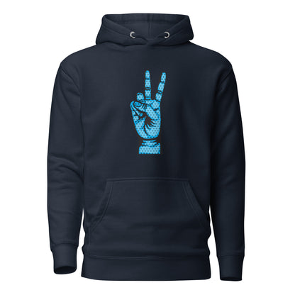Navy Blazer hoodie, front view, with an illustrated blue hand making a peace sign.