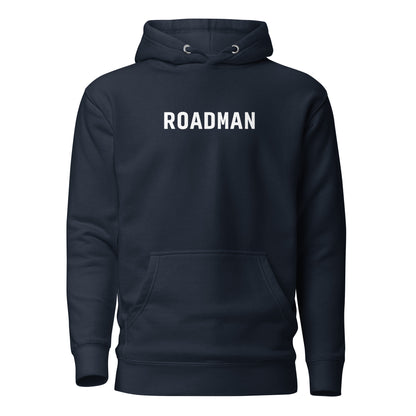 Navy Blazer hoodie, front view with white "ROADMAN" lettering.