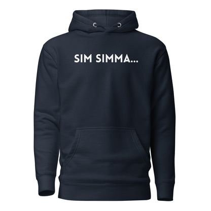 Navy Blazer hoodie, front view, with white 'SIM SIMMA...' lettering.