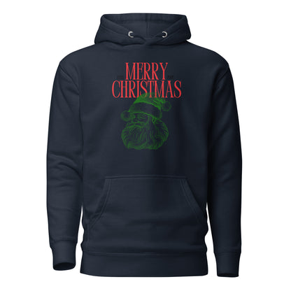 Navy Blazer hoodie with red Merry Christmas 2025 text and green Santa face, front view.