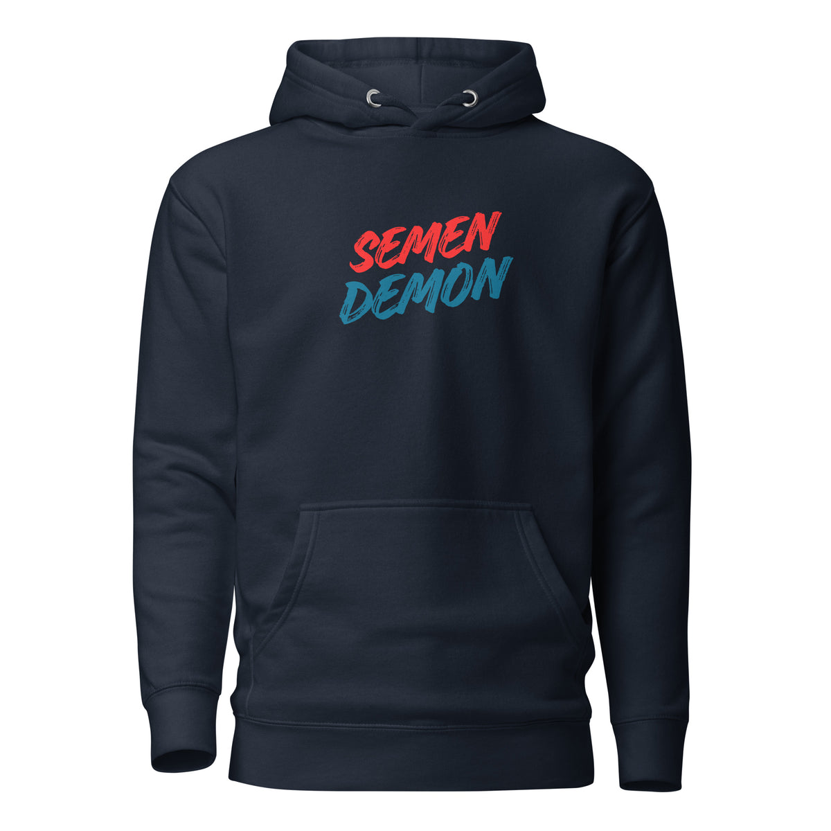 Navy Blazer hoodie with red and blue Semen Demon lettering, front view.