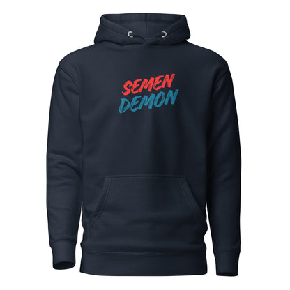 Navy Blazer hoodie with red and blue Semen Demon lettering, front view.