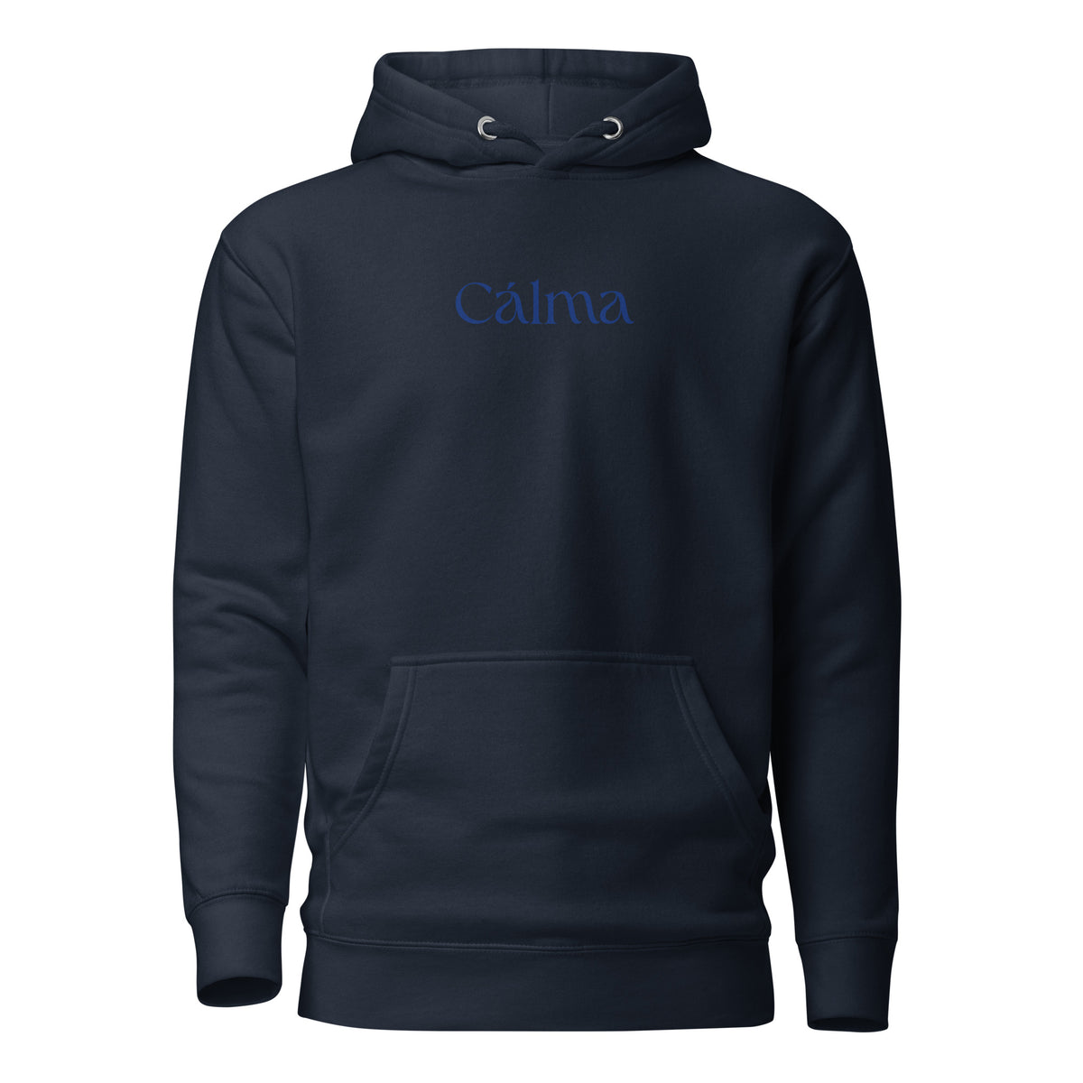Navy Blazer hoodie with blue Calma lettering, front view.