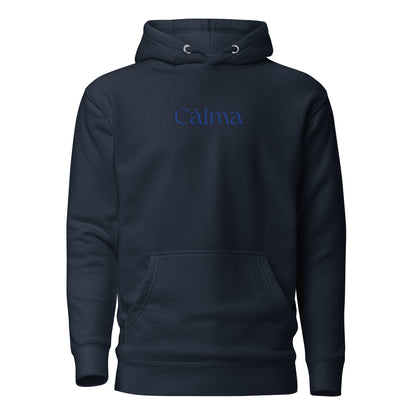 Navy Blazer hoodie with blue Calma lettering, front view.