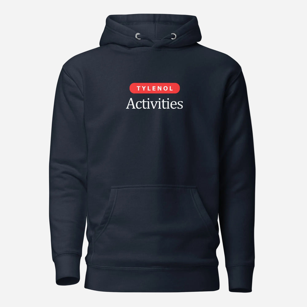 Navy Blazer hoodie with white Tylenol Activities lettering and a red capsule shape, front view.