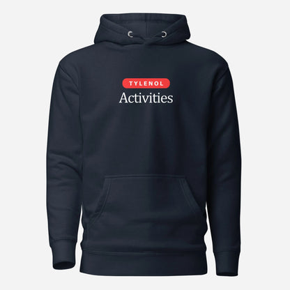 Navy Blazer hoodie with white Tylenol Activities lettering and a red capsule shape, front view.