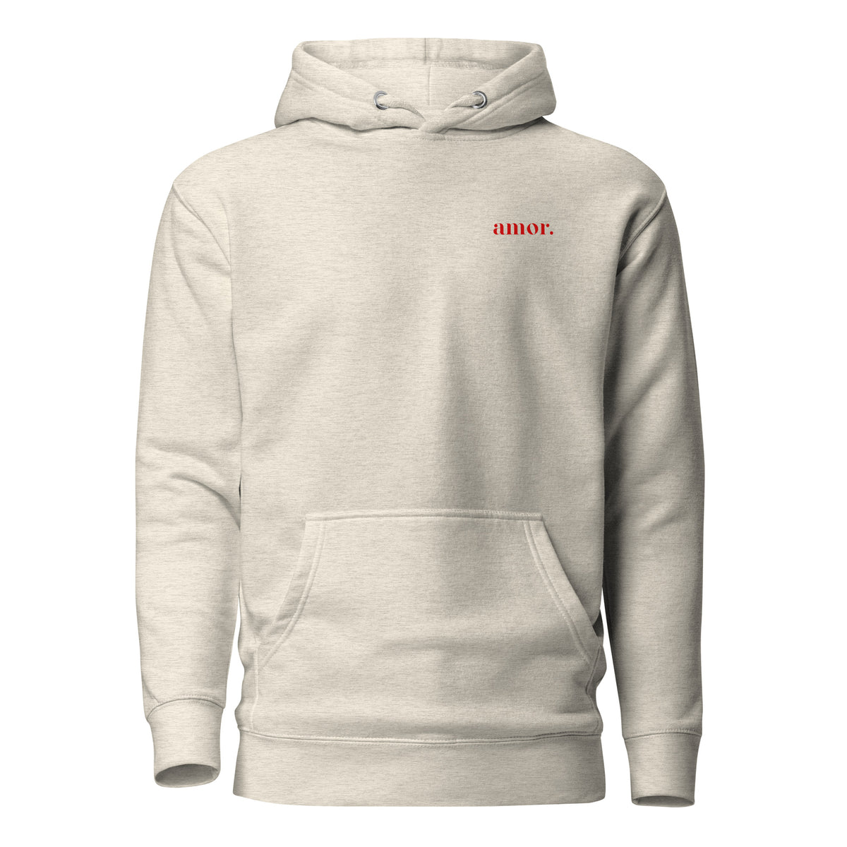 Oatmeal Heather hoodie with small red amor chest lettering, front view.