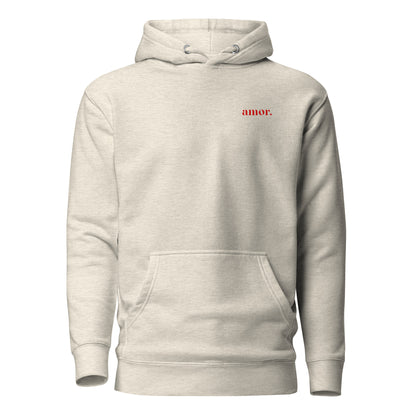 Oatmeal Heather hoodie with small red amor chest lettering, front view.