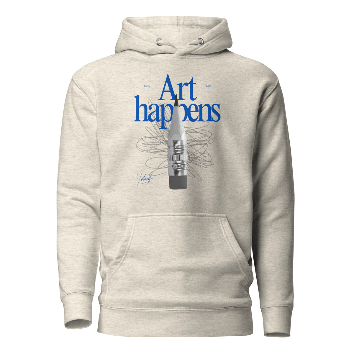 Oatmeal Heather hoodie, front view with blue "Art Happens" lettering, a pencil and scribbled lines.