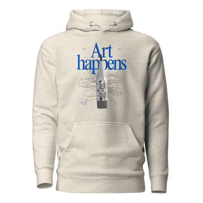 Oatmeal Heather hoodie, front view with blue "Art Happens" lettering, a pencil and scribbled lines.