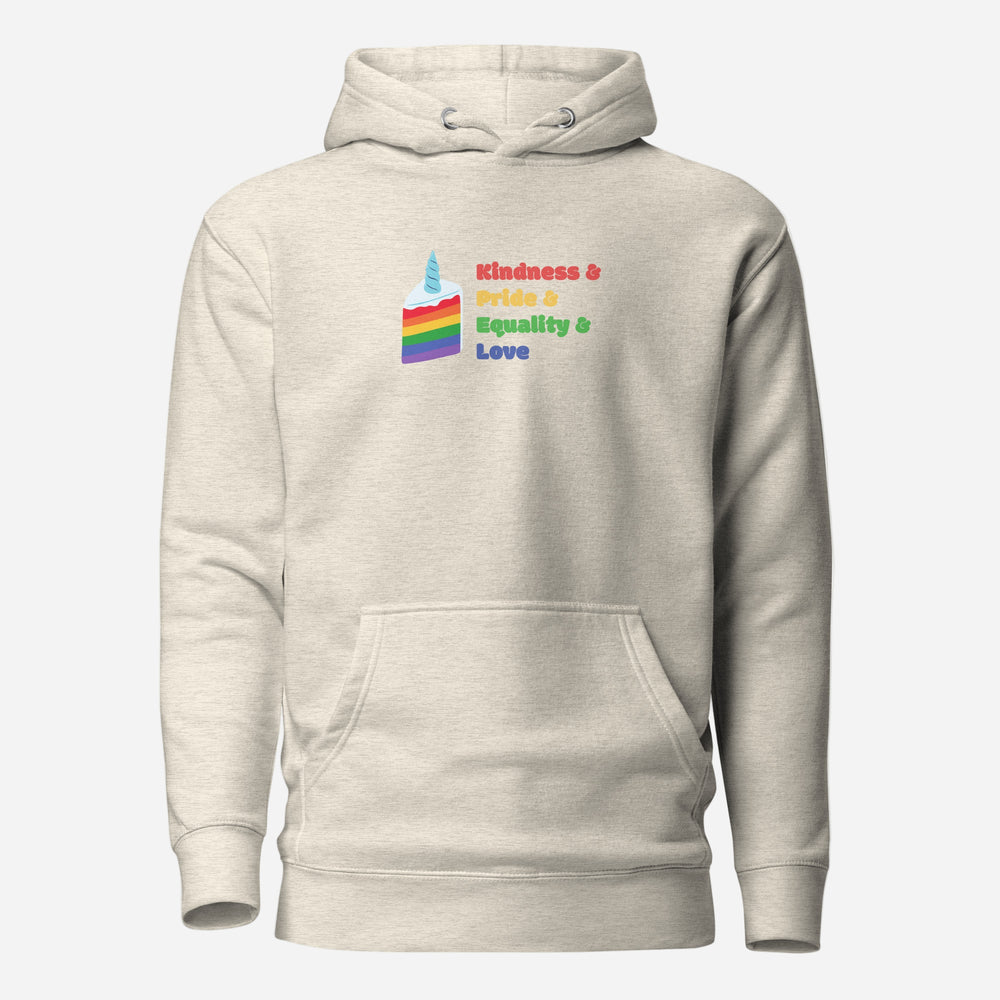 Oatmeal Heather hoodie, front view with a rainbow graphic and colorful "Kindness & Pride & Equality & Love" lettering.
