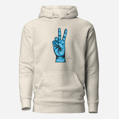 Oatmeal Heather hoodie, front view, with an illustrated blue hand making a peace sign.