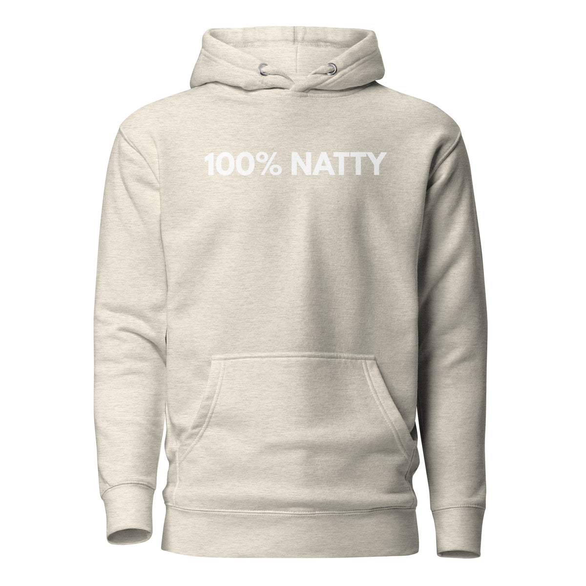 Oatmeal Heather hoodie with white 100% Natty lettering, front view.