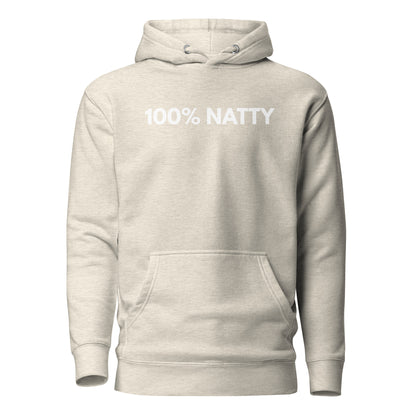 Oatmeal Heather hoodie with white 100% Natty lettering, front view.