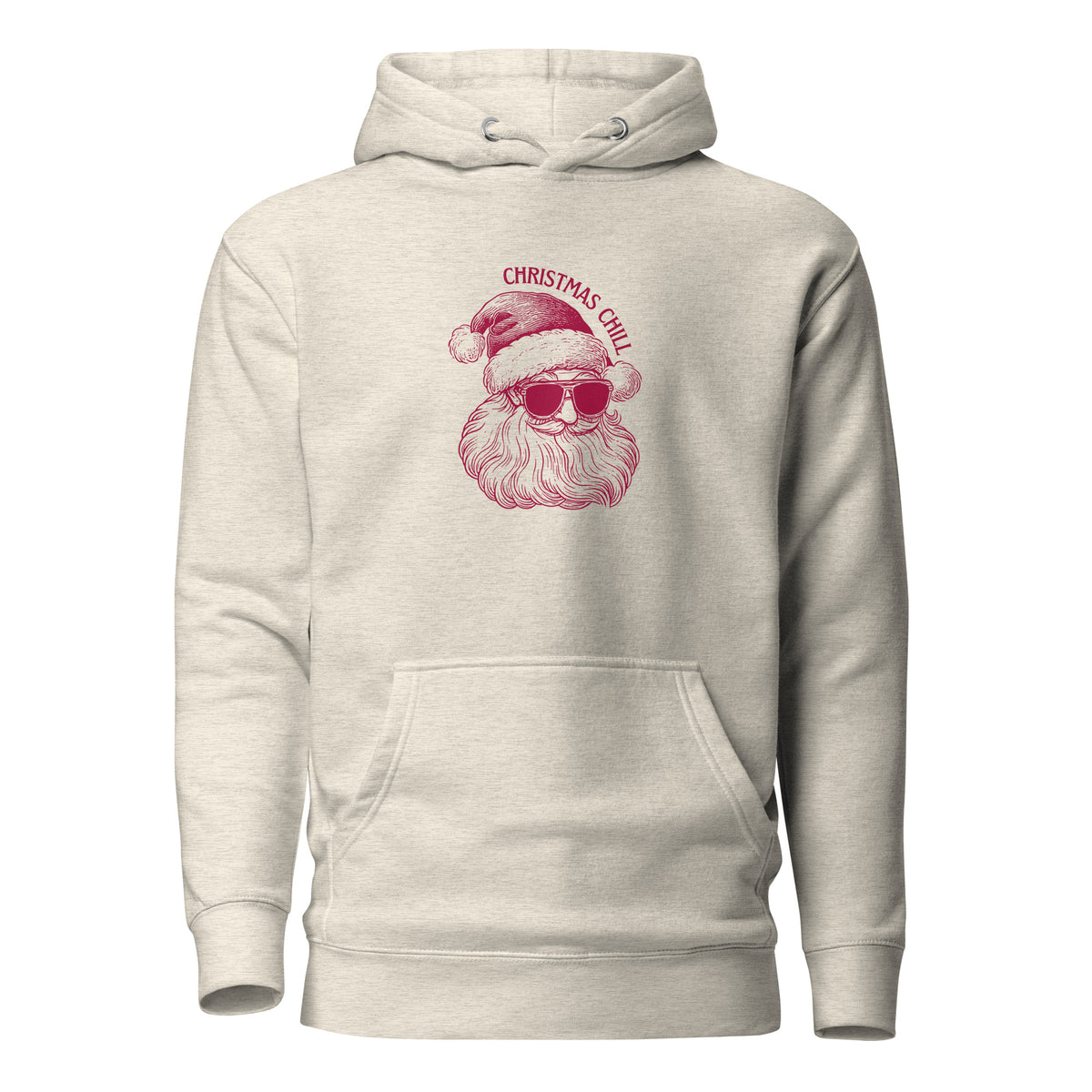 Oatmeal Heather hoodie, front view with a burgundy Santa face wearing sunglasses and "Christmas Chill" lettering.