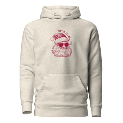 Oatmeal Heather hoodie, front view with a burgundy Santa face wearing sunglasses and "Christmas Chill" lettering.