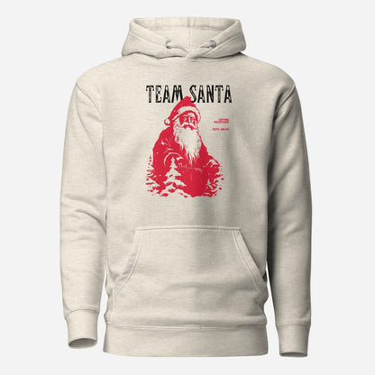 Oatmeal Heather hoodie, front view with a red Santa illustration and black "Team Santa" lettering.