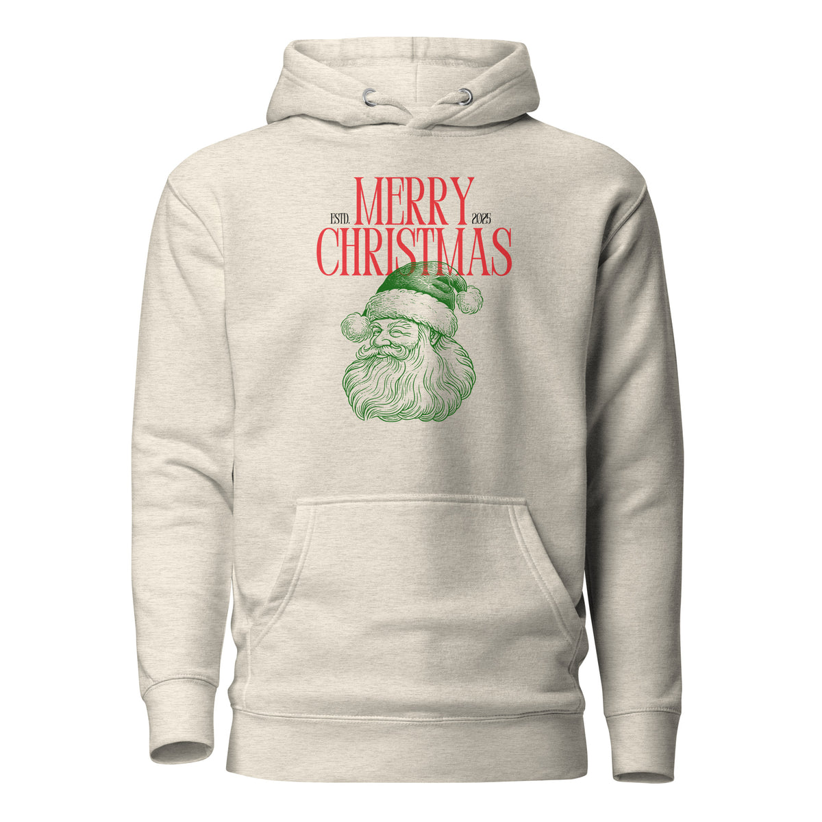 Oatmeal Heather hoodie with red Merry Christmas 2025 text and green Santa face, front view.