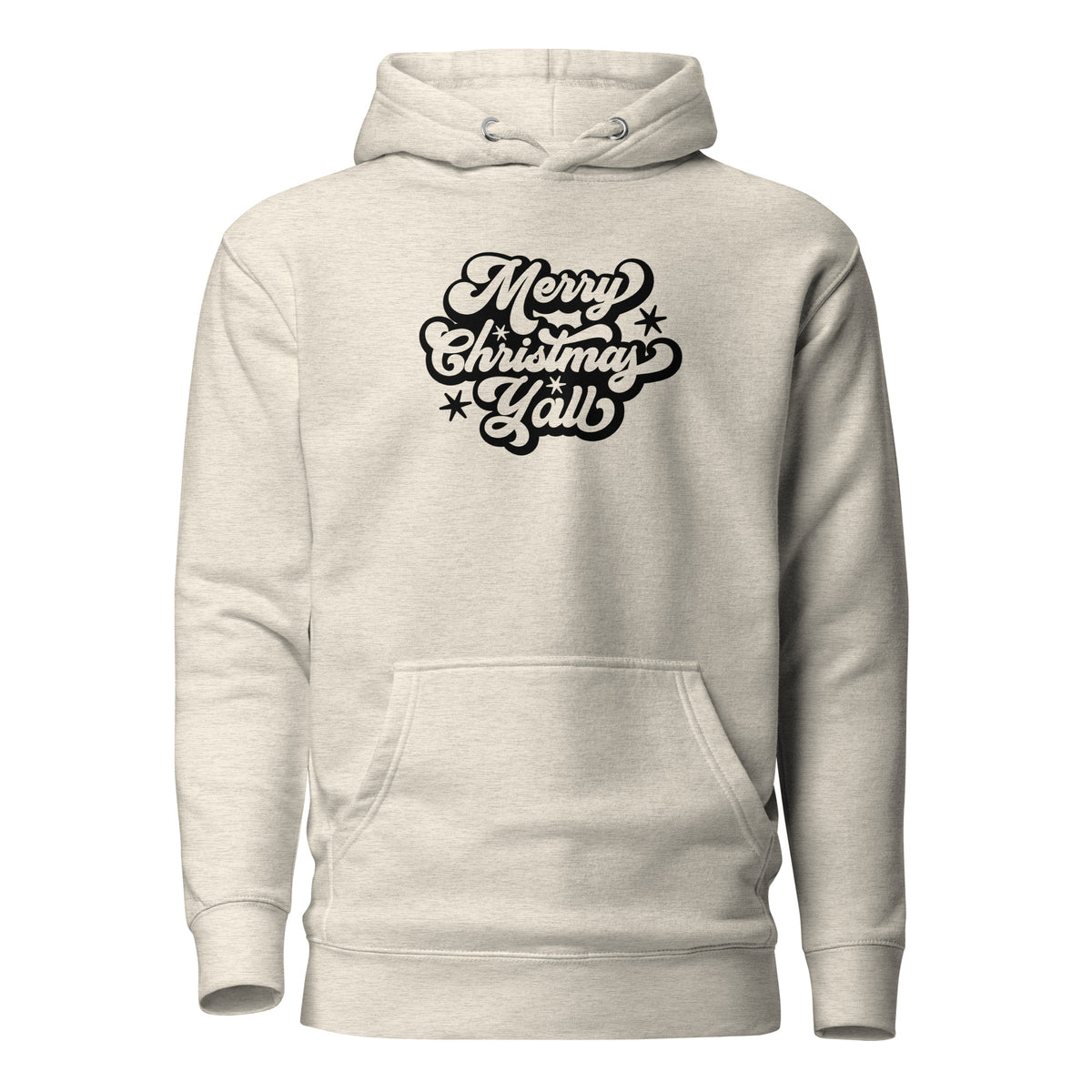 Oatmeal Heather hoodie with black Merry Christmas Y'all script lettering, front view.