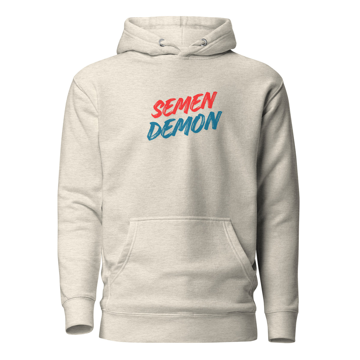 Oatmeal Heather hoodie with red and blue Semen Demon lettering, front view.