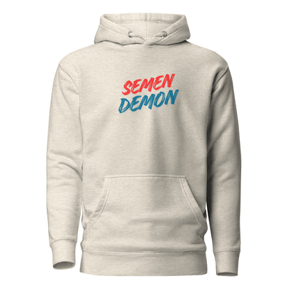 Oatmeal Heather hoodie with red and blue Semen Demon lettering, front view.