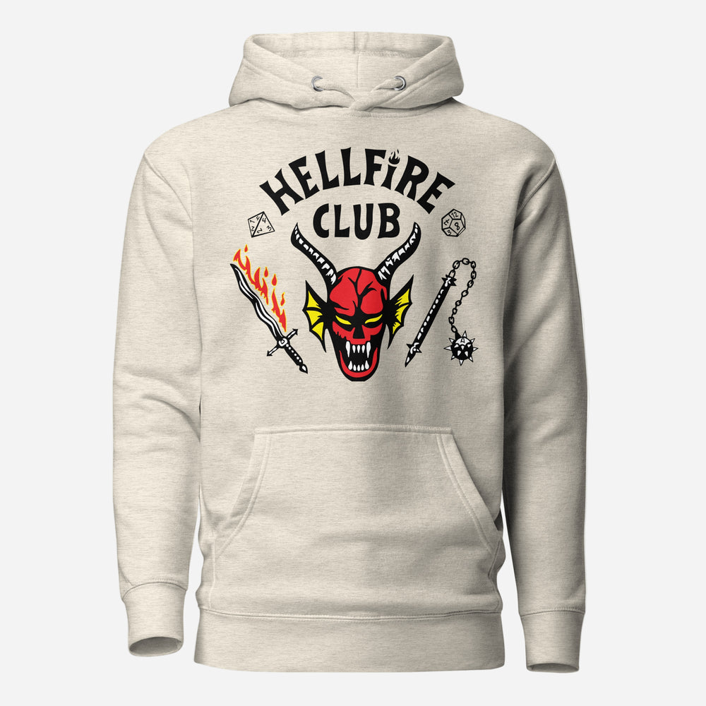 Oatmeal Heather hoodie, front view with Hellfire Club lettering and a red horned-face graphic.