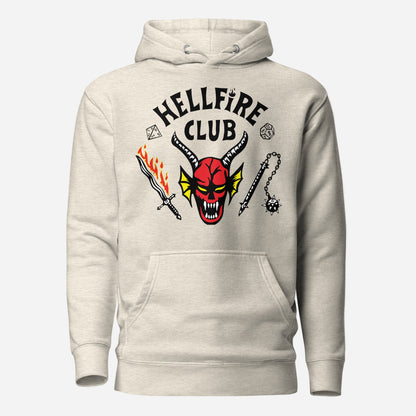 Oatmeal Heather hoodie, front view with Hellfire Club lettering and a red horned-face graphic.