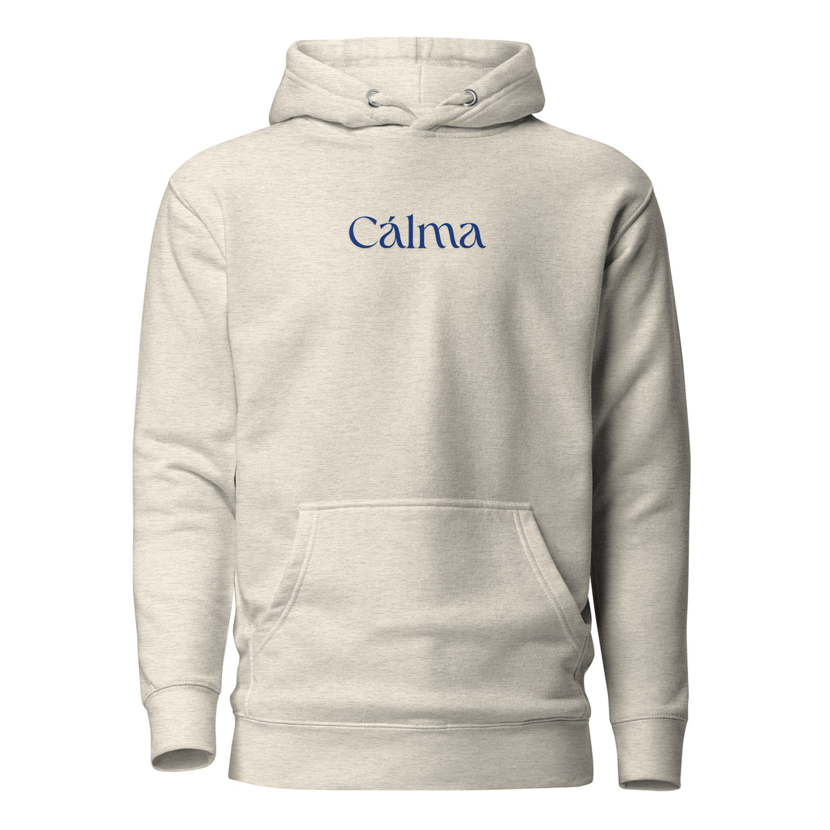 Oatmeal Heather hoodie with blue Calma lettering, front view.