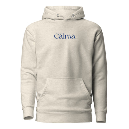 Oatmeal Heather hoodie with blue Calma lettering, front view.