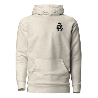 Oatmeal Heather hoodie with small black Cool Dads Club chest lettering, front view.