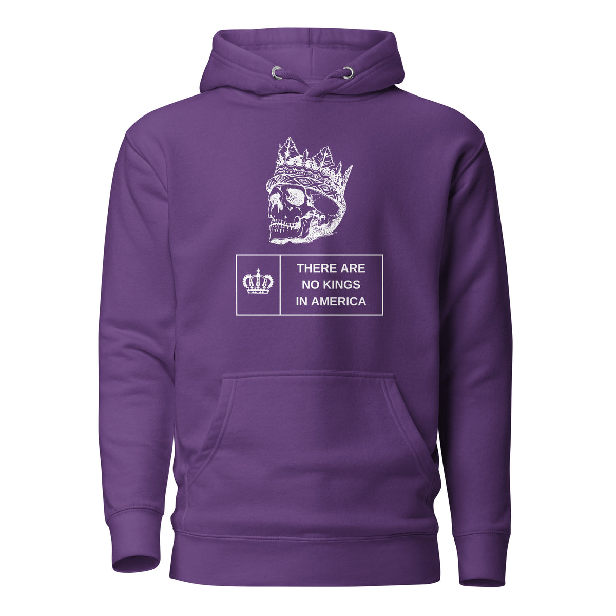 Purple hoodie with a crowned skull and There Are No Kings in America text, front view.