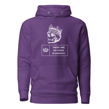 Purple hoodie with a crowned skull and There Are No Kings in America text, front view.