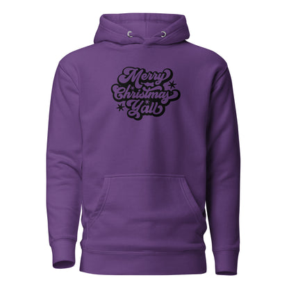 Purple hoodie with black Merry Christmas Y'all script lettering, front view.