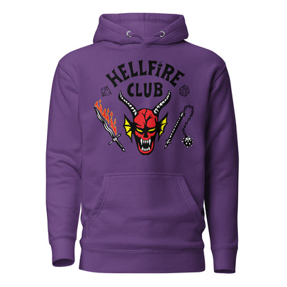 Purple hoodie, front view with Hellfire Club lettering and a red horned-face graphic.