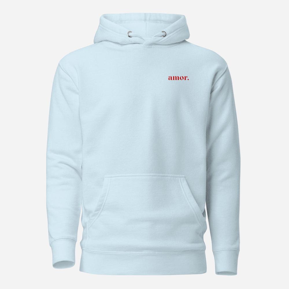 Sky Blue hoodie with small red amor chest lettering, front view.