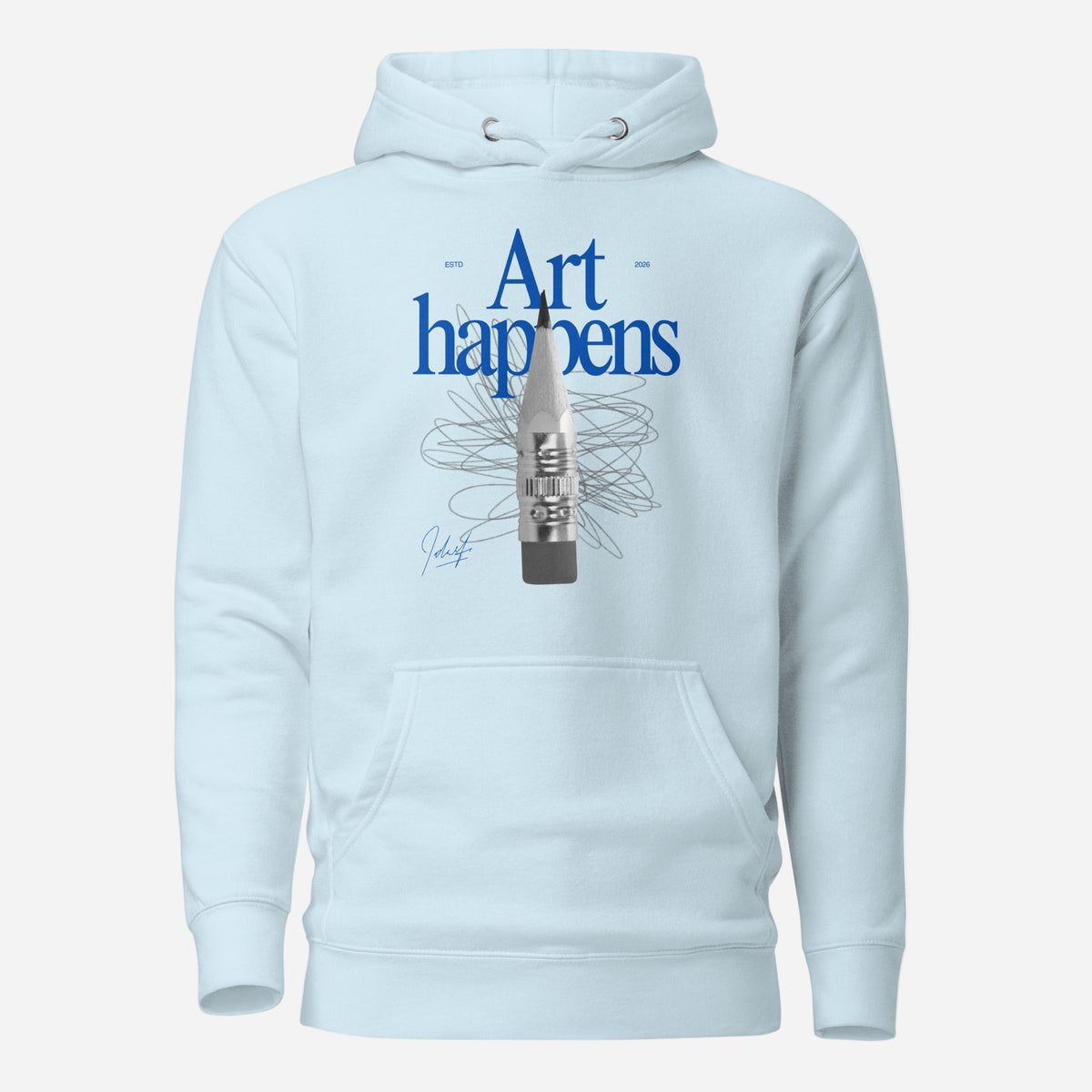 Sky Blue hoodie, front view with blue "Art Happens" lettering, a pencil and scribbled lines.