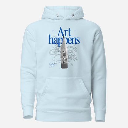 Sky Blue hoodie, front view with blue "Art Happens" lettering, a pencil and scribbled lines.