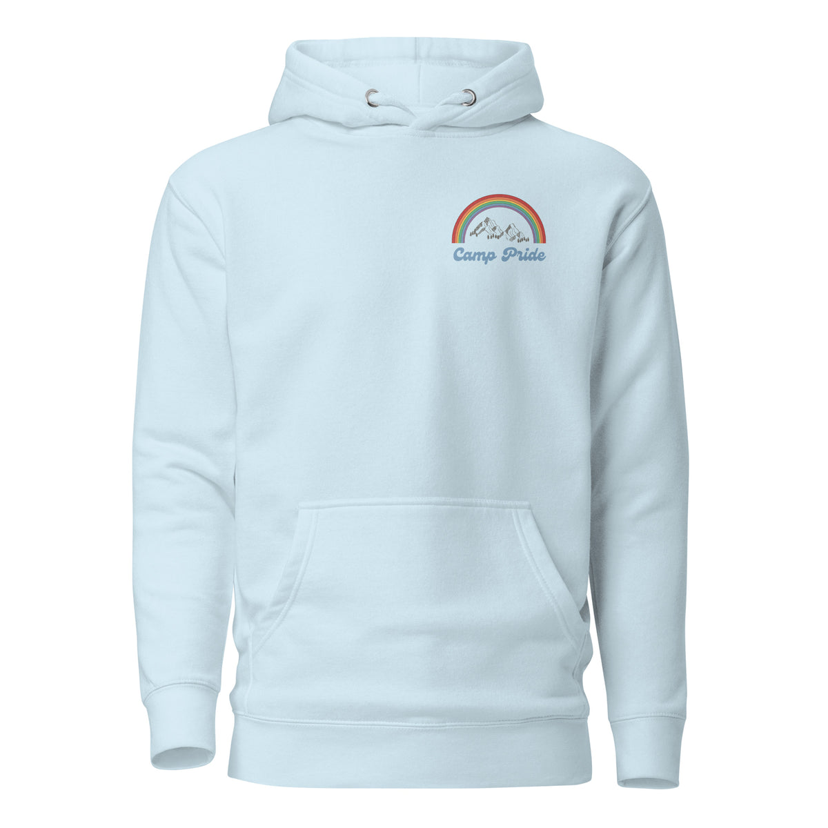 Sky Blue hoodie, front view with a rainbow-and-mountain "Camp Pride" chest graphic.