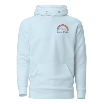 Sky Blue hoodie, front view with a rainbow-and-mountain "Camp Pride" chest graphic.
