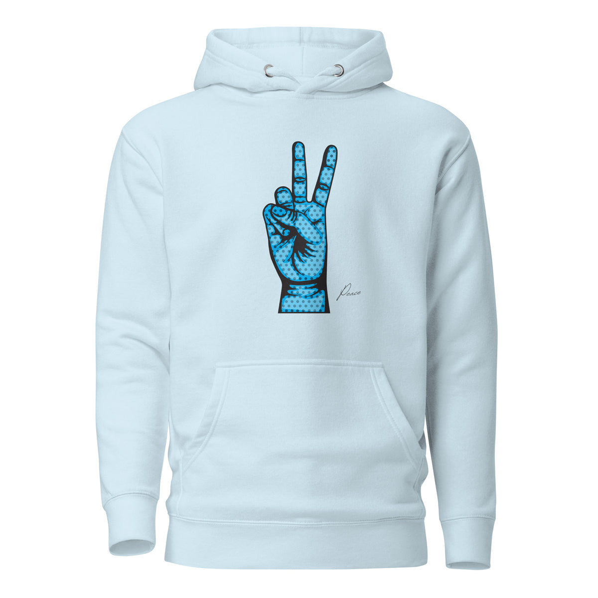 Sky Blue hoodie, front view, with an illustrated blue hand making a peace sign.