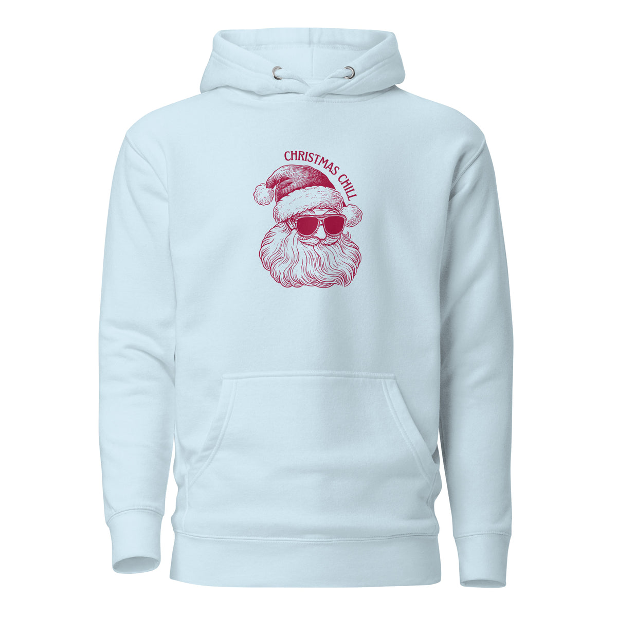 Sky Blue hoodie, front view with a burgundy Santa face wearing sunglasses and "Christmas Chill" lettering.