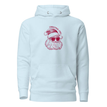 Sky Blue hoodie, front view with a burgundy Santa face wearing sunglasses and "Christmas Chill" lettering.