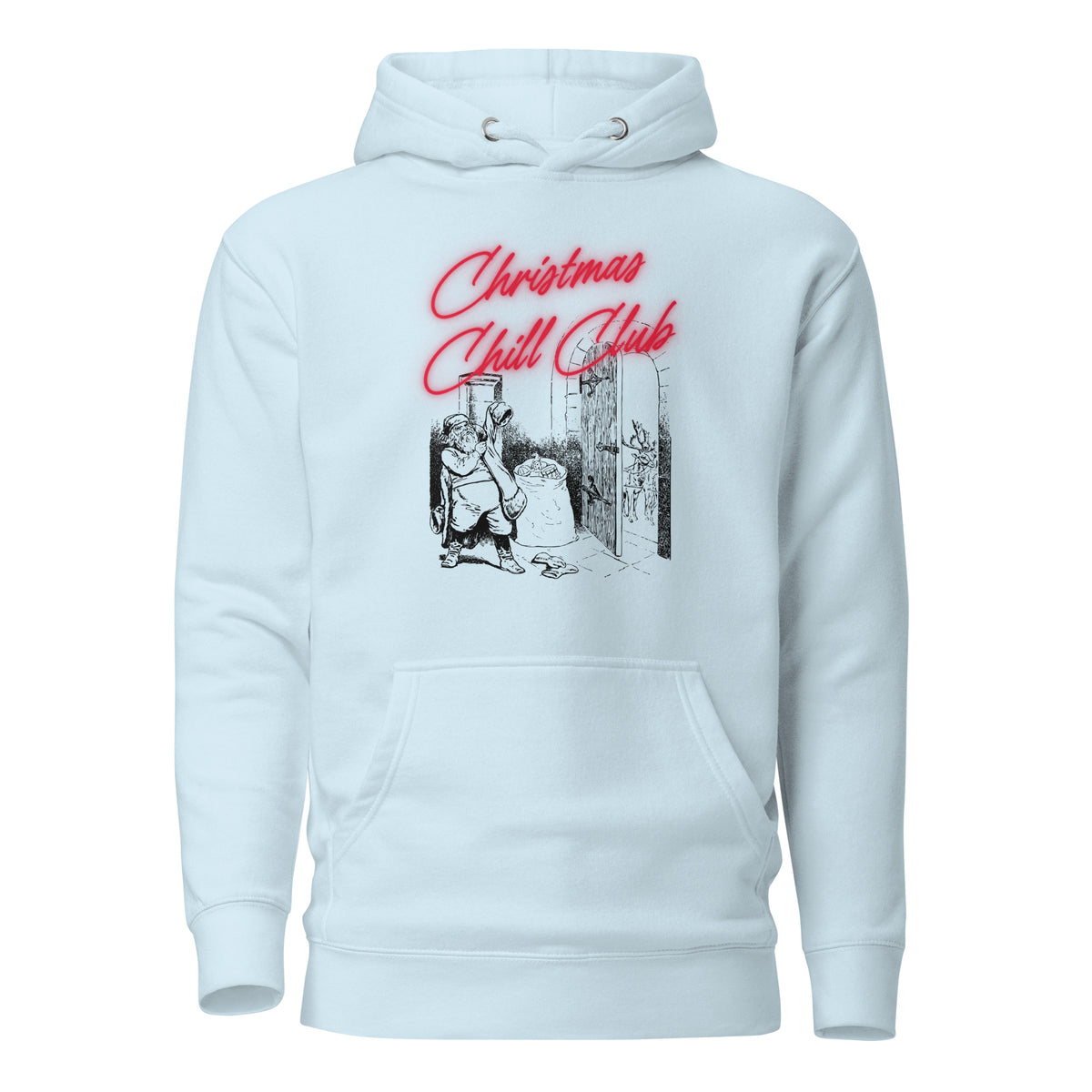 Sky Blue hoodie, front view with a black-and-white Santa illustration and red "Christmas Chill Club" script.