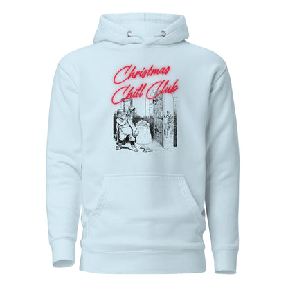 Sky Blue hoodie, front view with a black-and-white Santa illustration and red "Christmas Chill Club" script.